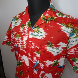 Vintage Islander Mens Red Hawaiian Aloha Shirt Tropical Palm Tree Beach L 70's
